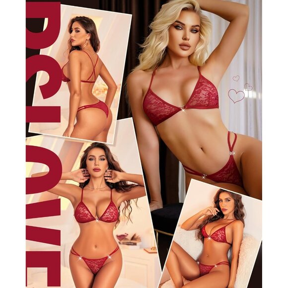 Women's Wine Red 2 Piece Bra And Panty Set Heart Ring Bralettes Underwear - Picture 4 of 5